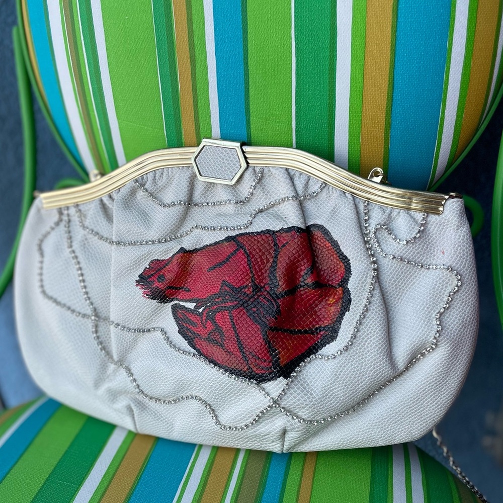 One of a kind, hand painted shrimp, vintage up-cycled 80s bag